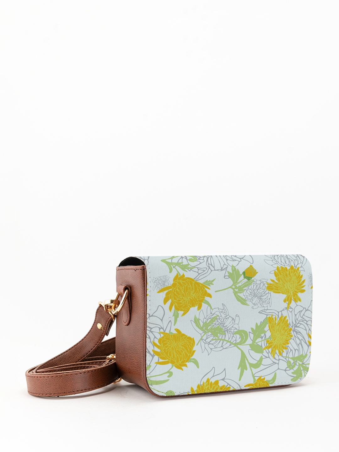 Kalankit Floral Printed Vegan Leather Zip detail Sling Bag, Yellow