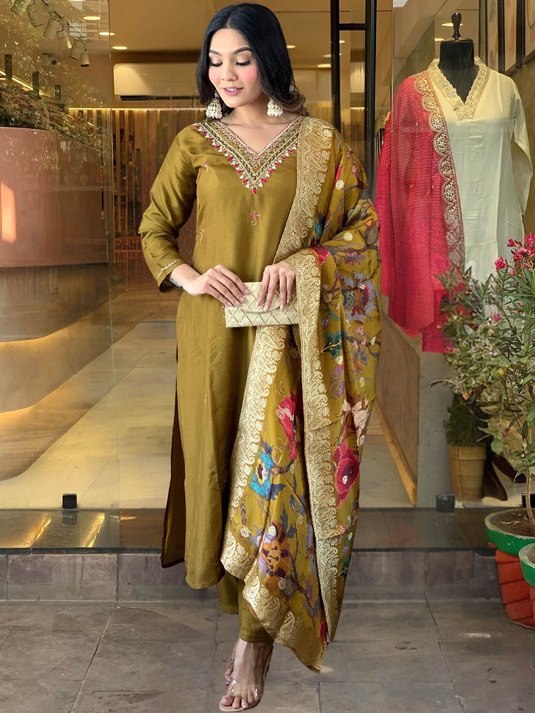 

Vaidehi Fashion Floral Embroidered Straight Kurta with Trousers & Dupatta, Mustard
