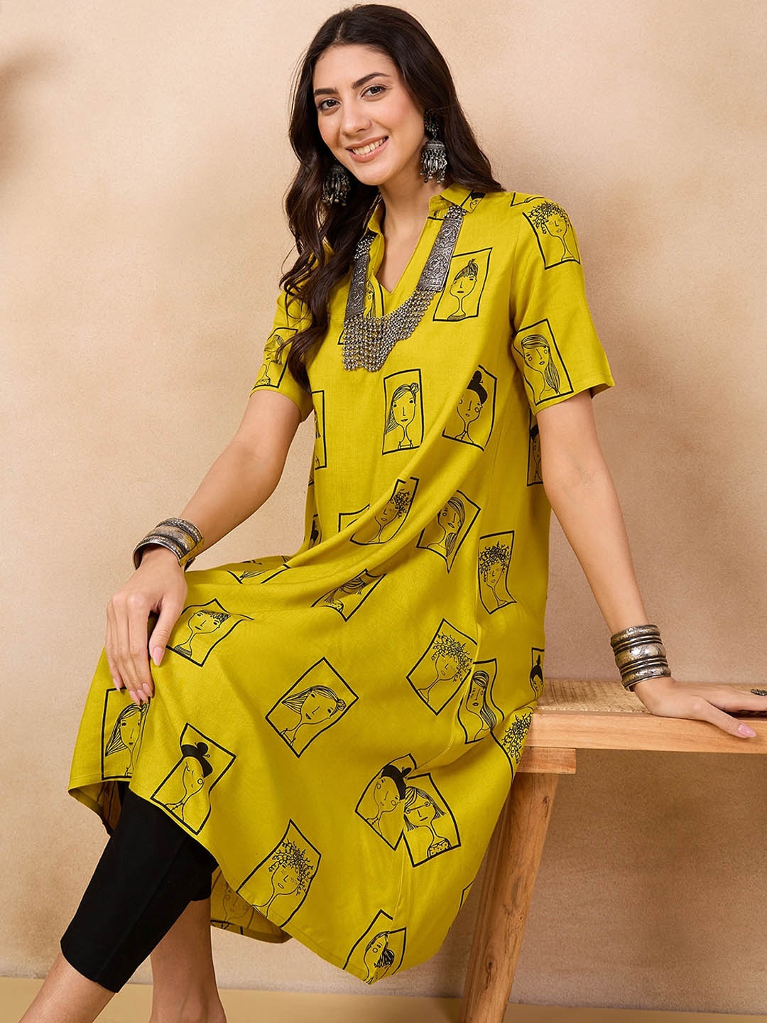 

Anouk Mustard Yellow Ethnic Motifs Printed Shirt Collar A-Line Kurta