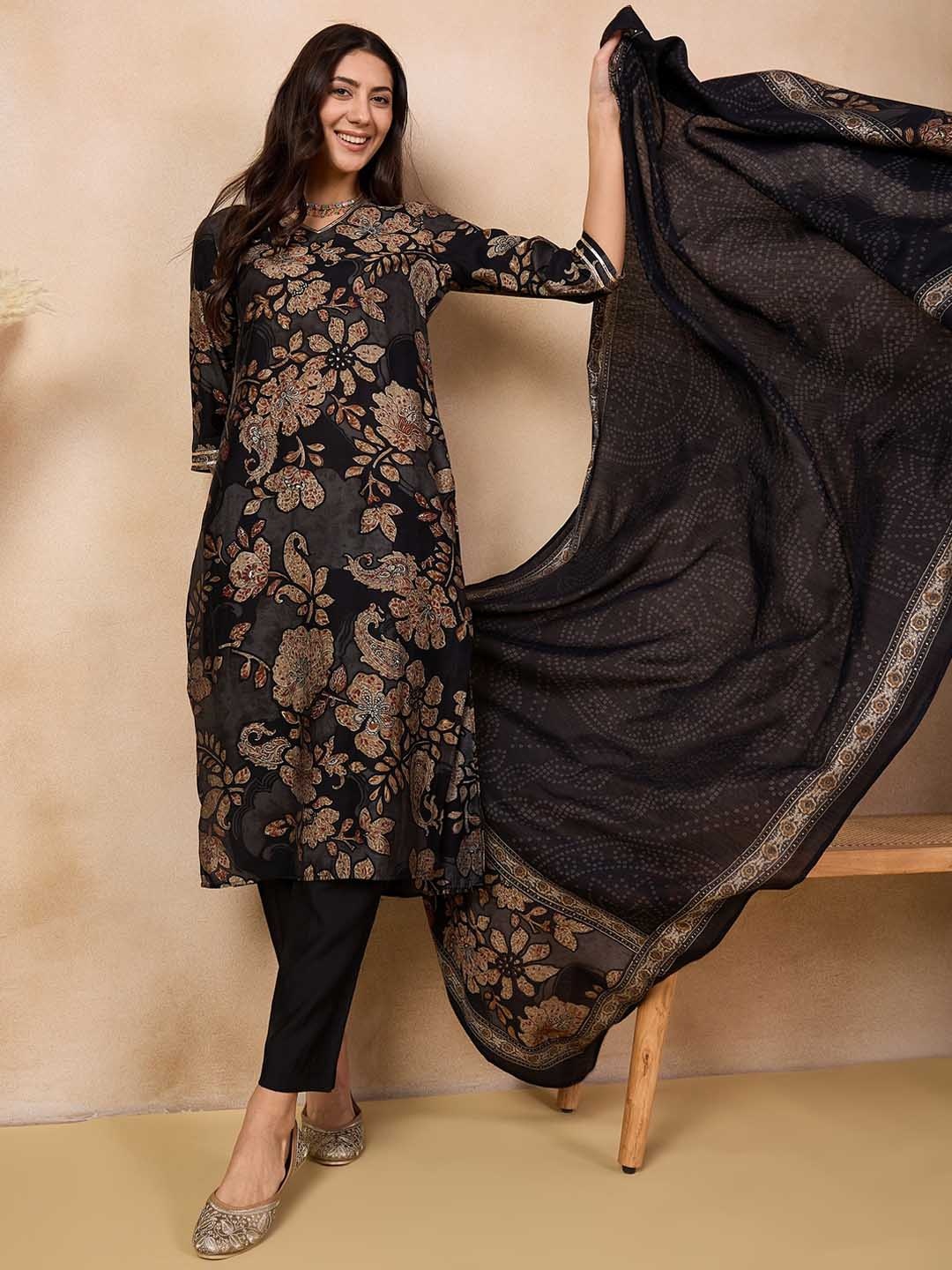 

Anouk Black Floral Printed Regular Gotta Patti Straight Kurta With Trousers & Dupatta