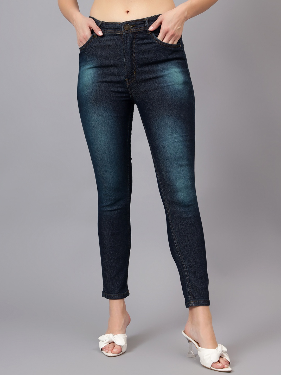 

POMPOUS Women Slim Fit High-Rise Heavy Fade Stretchable Jeans, Navy blue