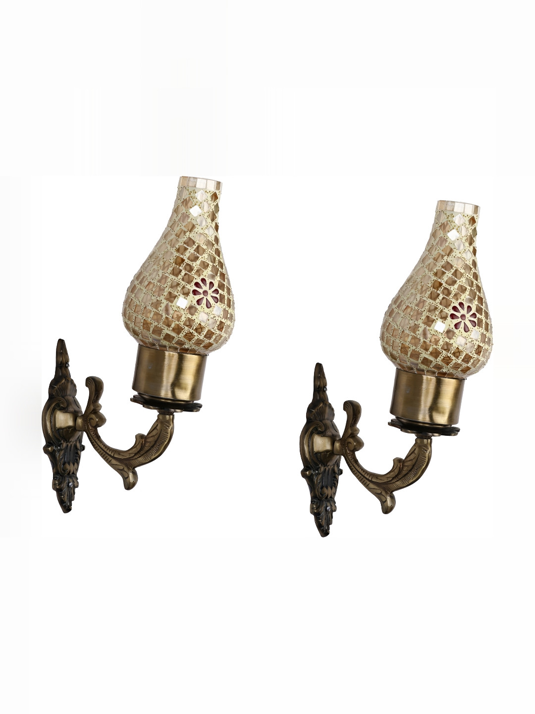 

1ST TIME Gold Toned & Maroon 2 Pieces Textured Glass Contemporary Wall Lamps