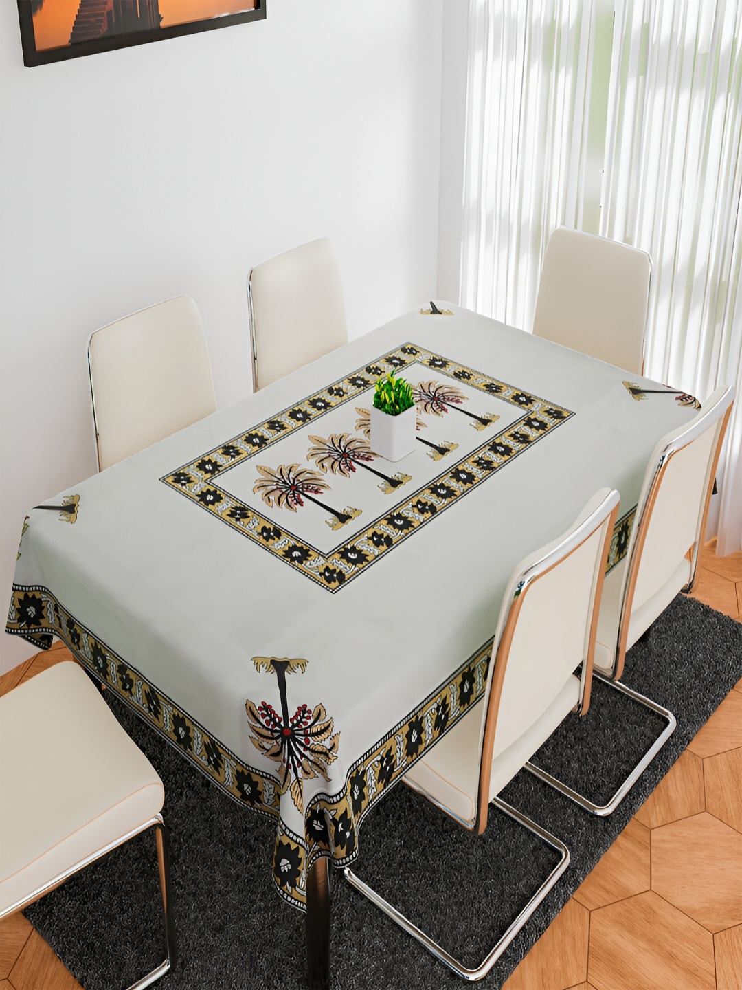 

Kuber Industries White & Black Floral Printed Waterproof Cotton 6 Seater Table Cover