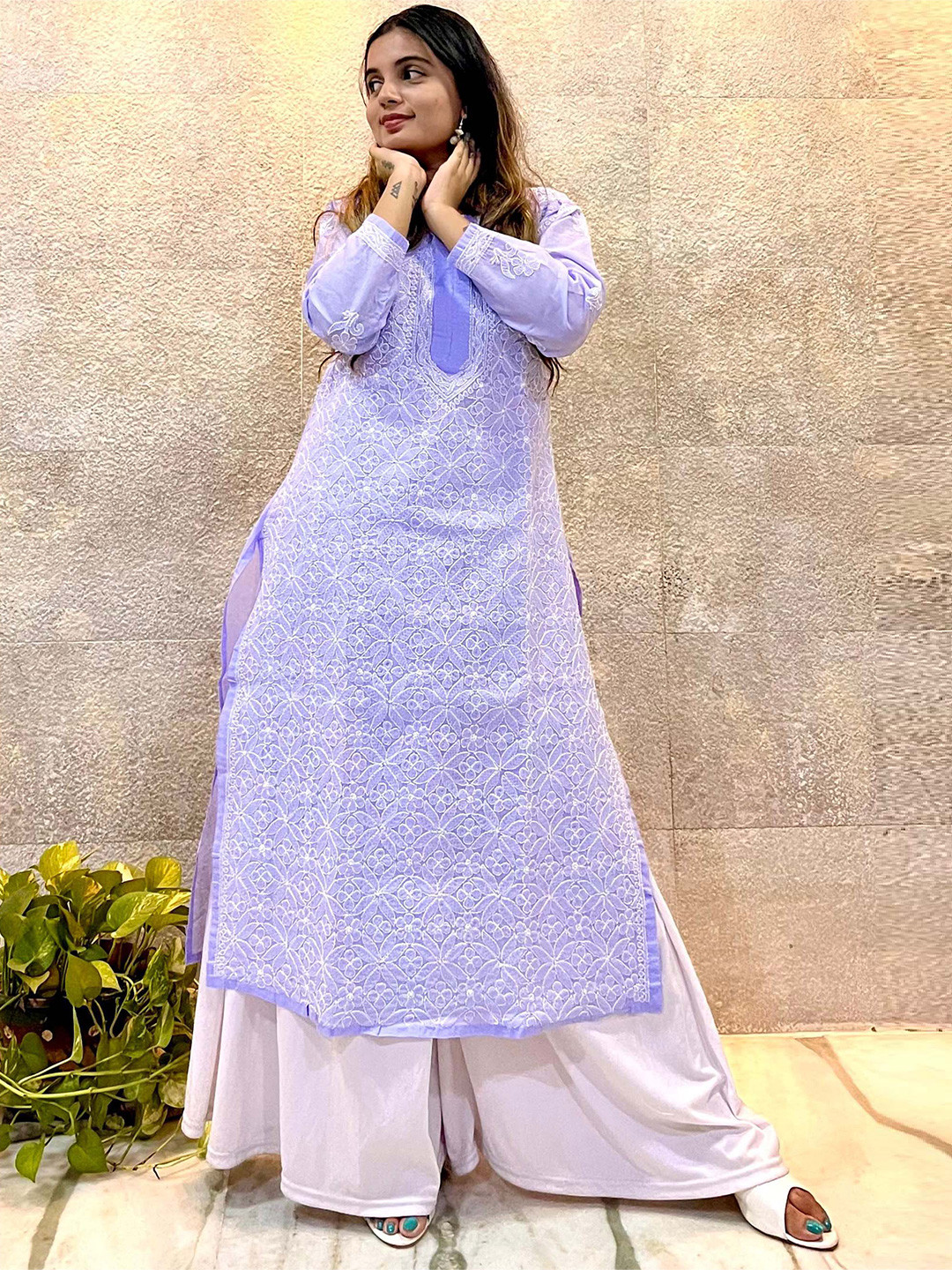 

THE VASILIKI Pure Cotton Floral Chikankari Kurta, Violet