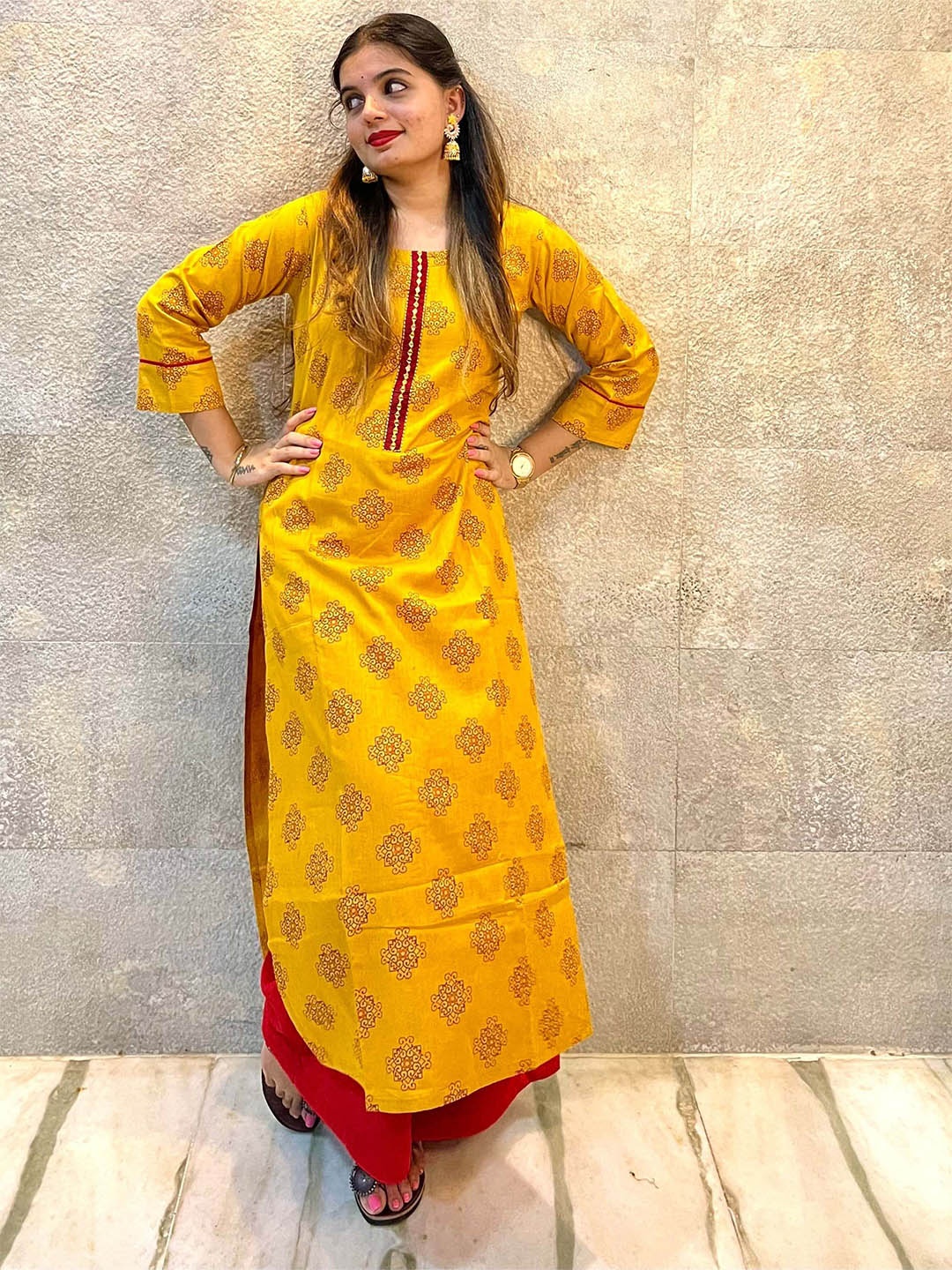 

THE VASILIKI Floral Printed Pure Cotton Straight Kurta, Yellow