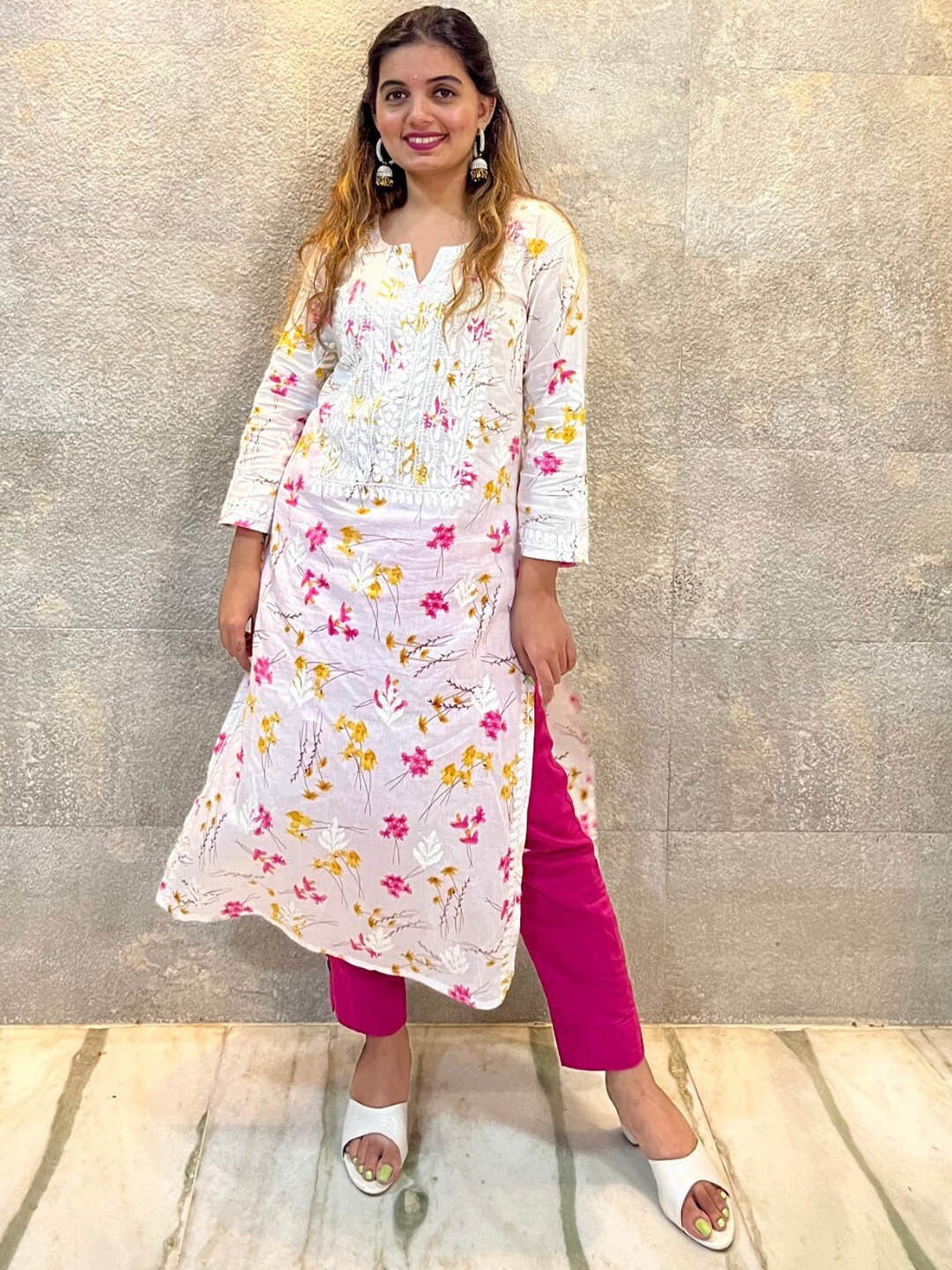 

THE VASILIKI Pure Cotton Floral Printed Chikankari Kurta, White