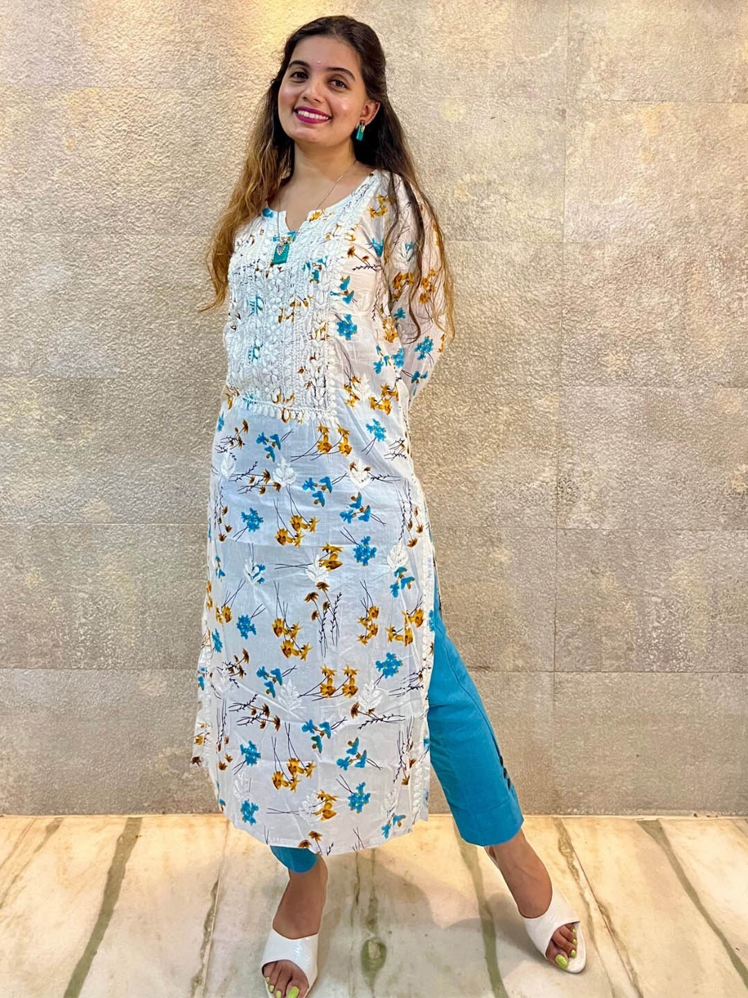 

THE VASILIKI Floral Printed Chikankari Cotton Straight Kurta, White