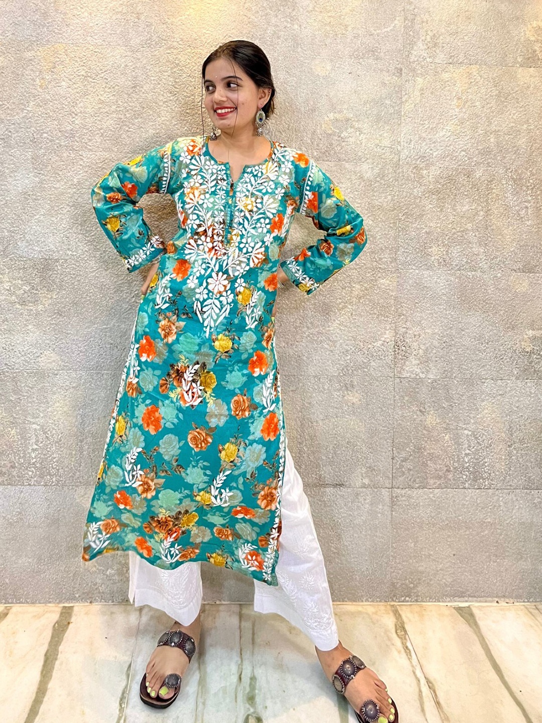 

THE VASILIKI Pure Cotton Floral Printed Chikankari Kurta, Teal