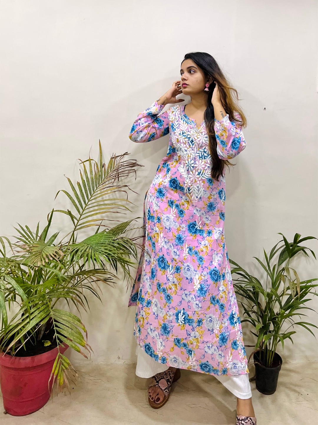 

THE VASILIKI Pure Cotton Floral Printed Chikankari Kurta, Pink