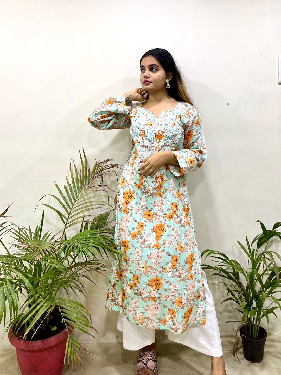 

THE VASILIKI Pure Cotton Floral Printed Chikankari Kurta, Sea green
