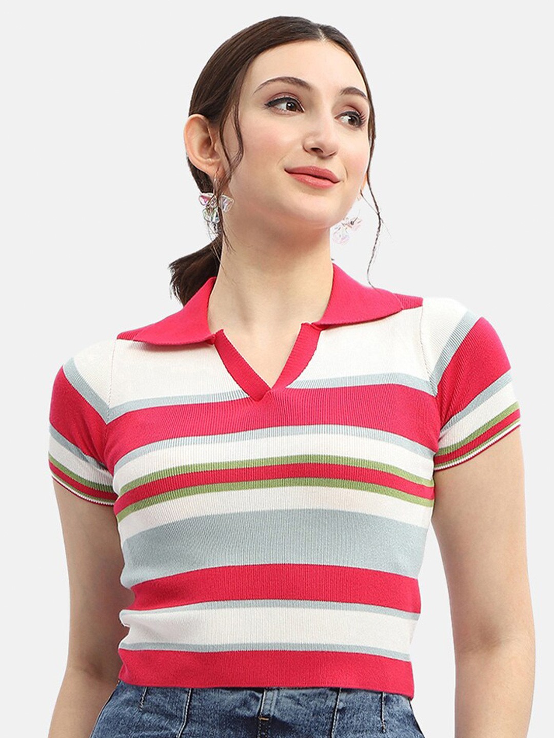 

Madame Striped Spread Collar Fitted Crop Top, Pink