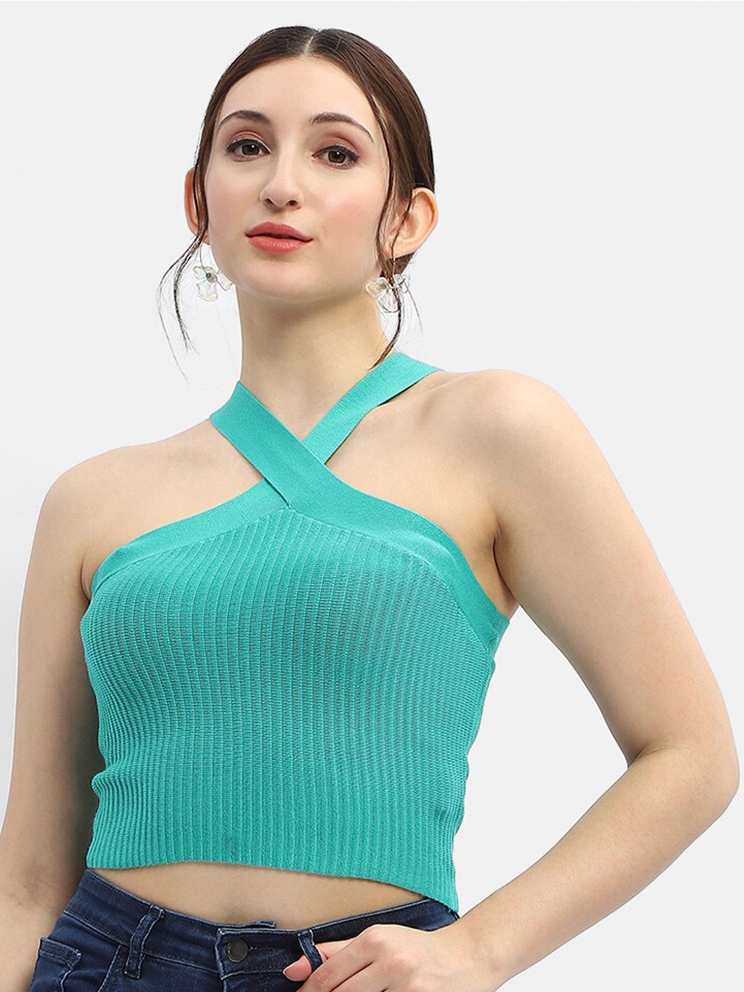 

Madame Striped Self Design Sleeveless Fitted Crop Top, Green