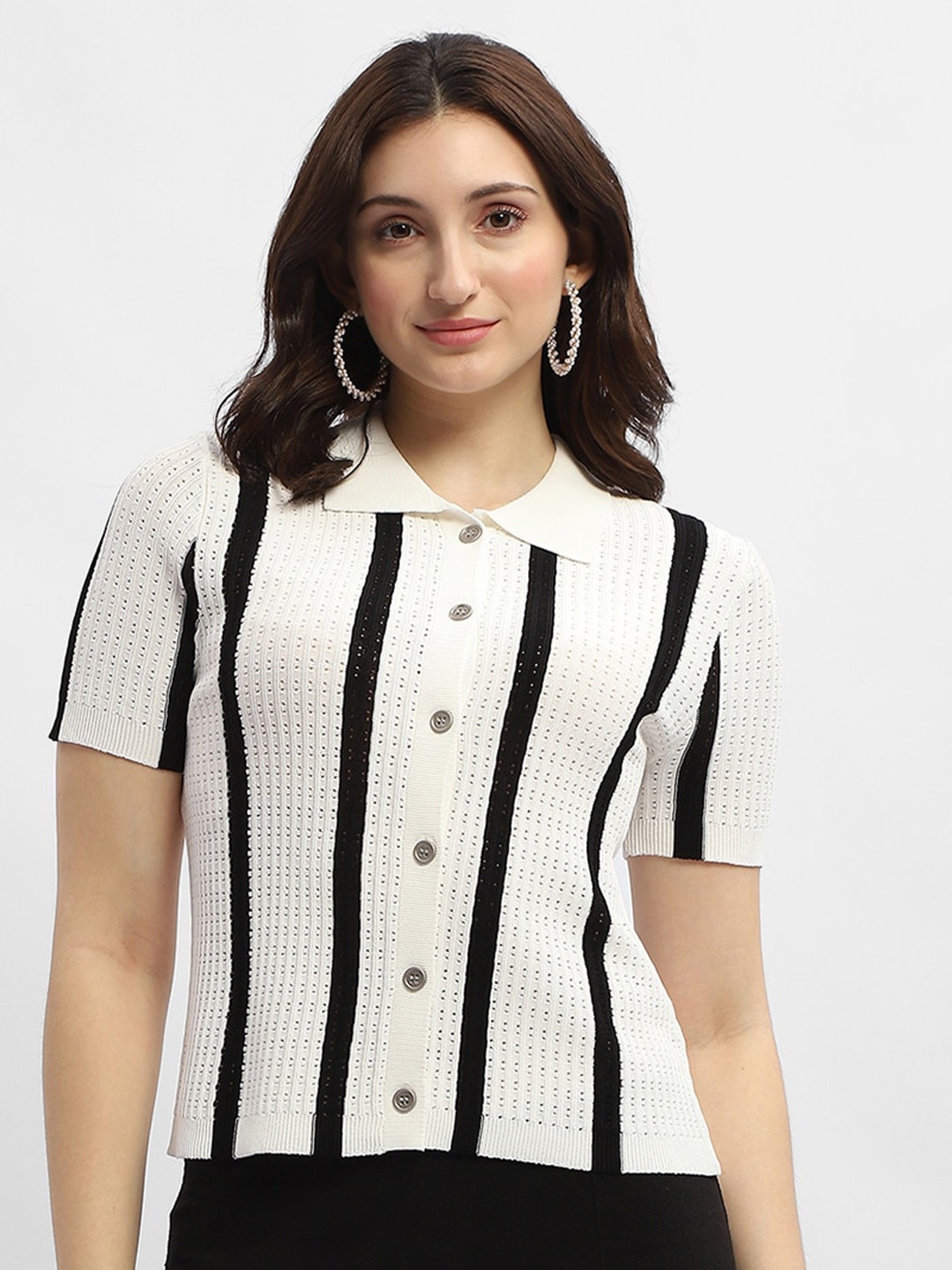 

Madame Self Design Striped Shirt Style Top, Off white