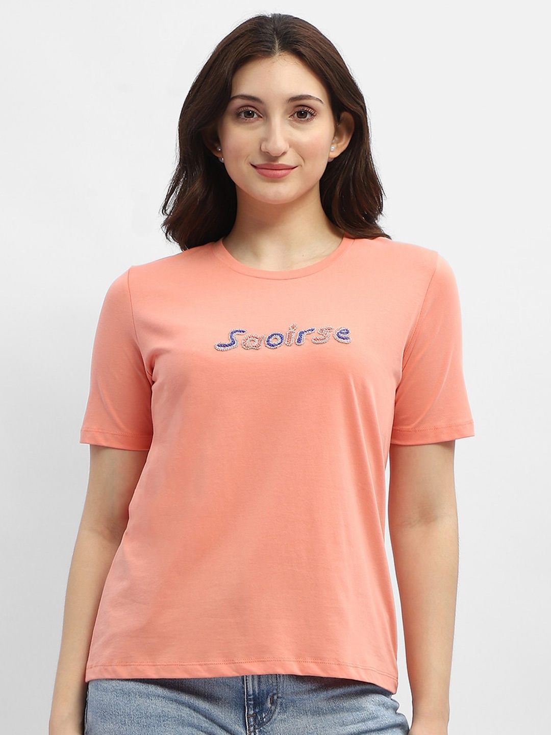 

Madame Typography Round Neck Pure Cotton Top, Peach