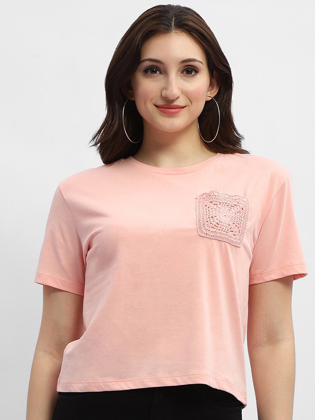 

Madame Round Neck Short Sleeves Patch Pocket Cotton Top, Peach