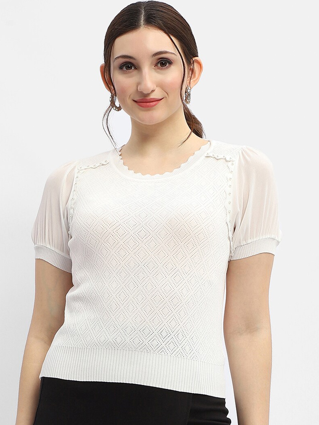 

Madame Self Design Embellished Fitted Top, Off white