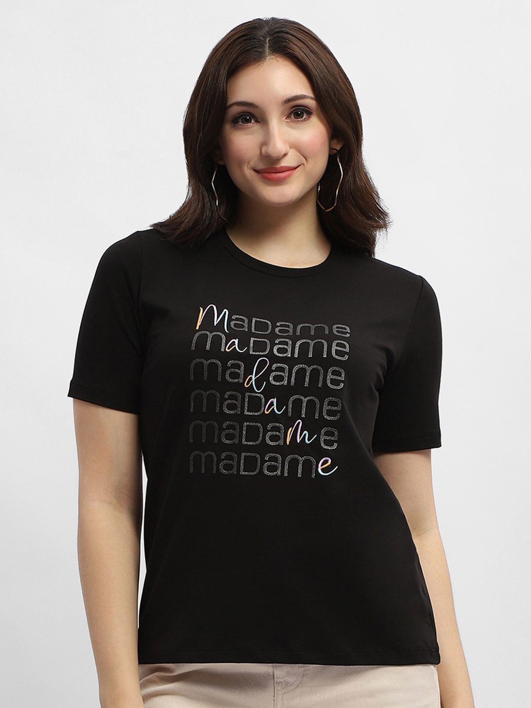 

Madame Typography Printed Round Neck Cotton Top, Black