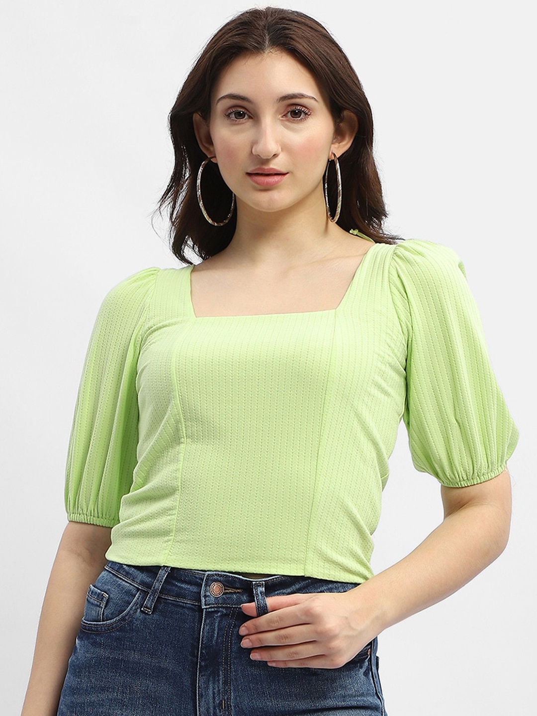 

Madame Square Neck Puff Sleeve Crop Top, Green