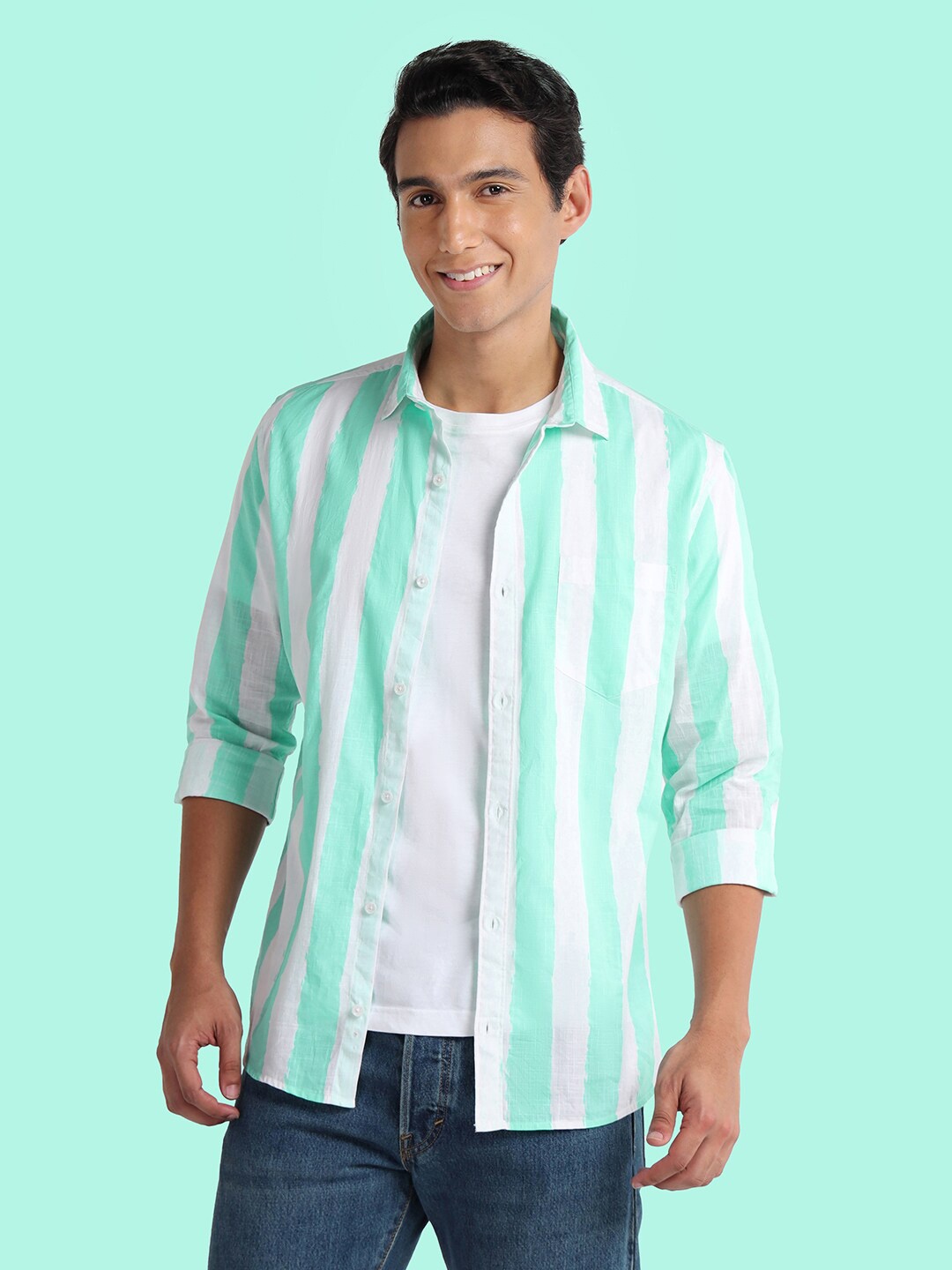 

Mast & Harbour Classic Vertical Striped Pure Cotton Casual Shirt, Green