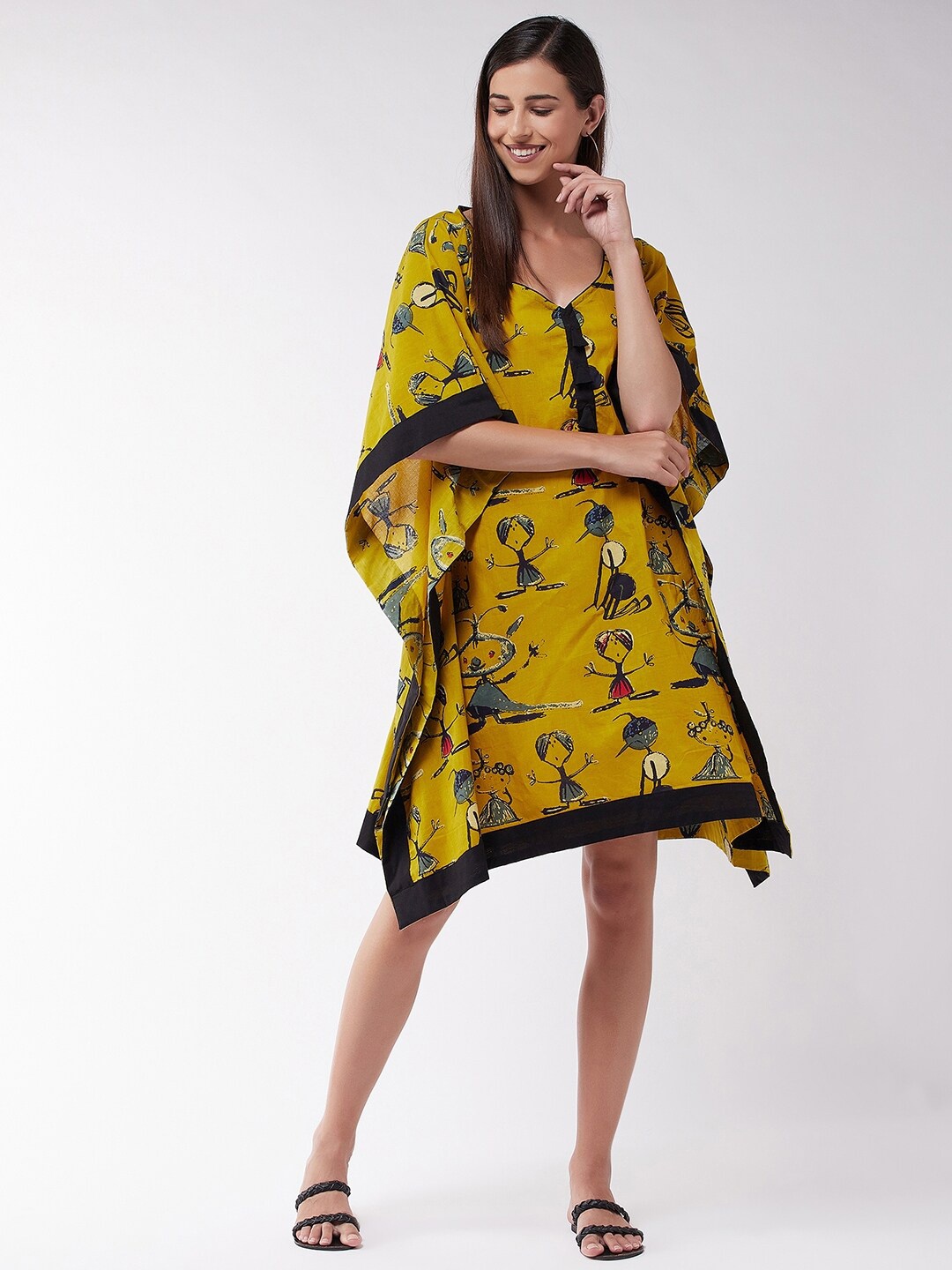 

InWeave Conversational Printed Batwing Sleeves Cotton Kaftan Dress, Mustard