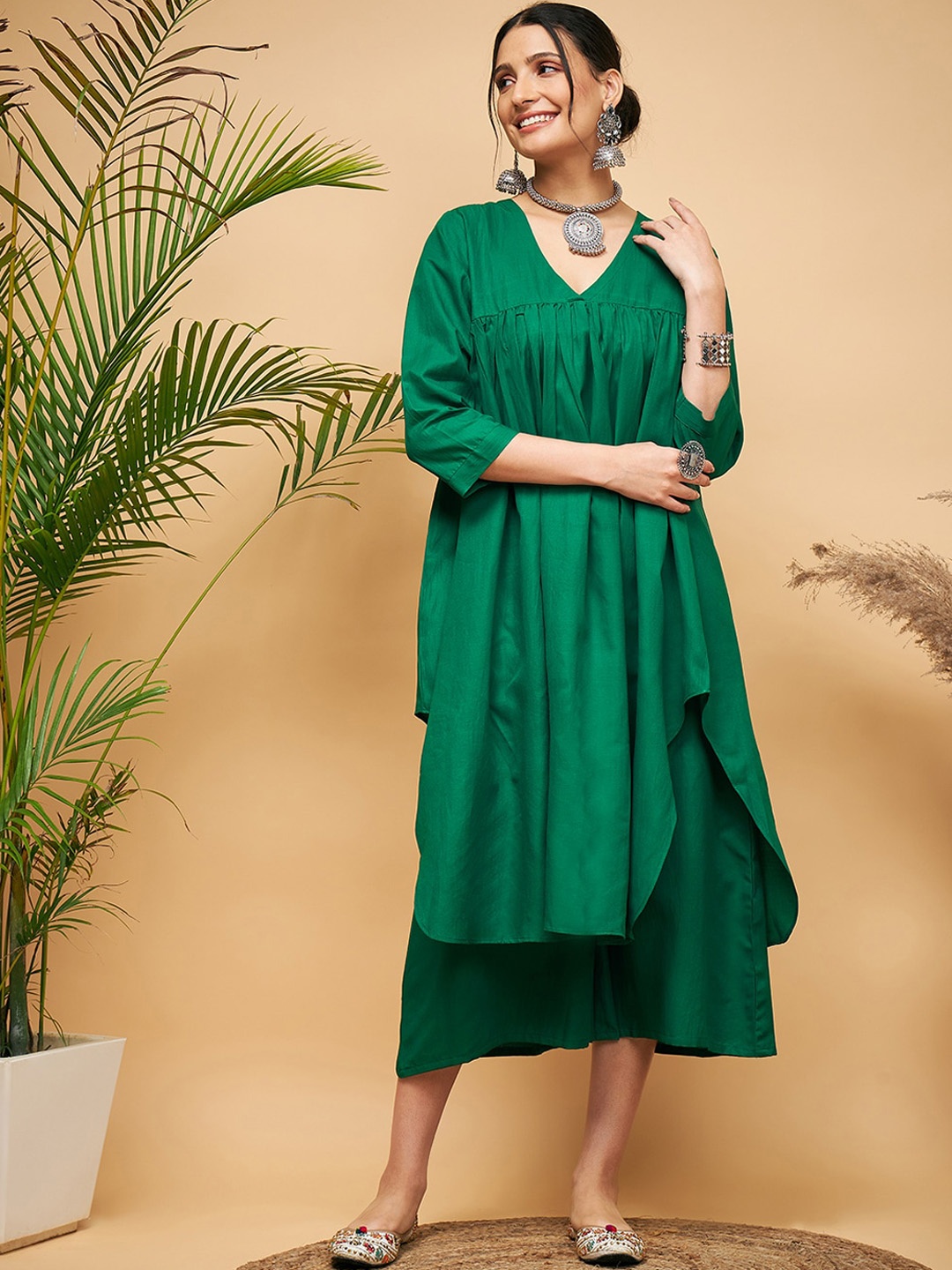 InWeave V-Neck Pleated Cotton A-Line Kurta, Green