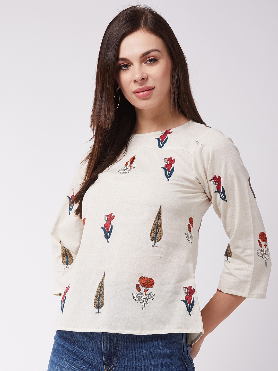 

InWeave Floral Printed Cotton A-Line Top, Off white