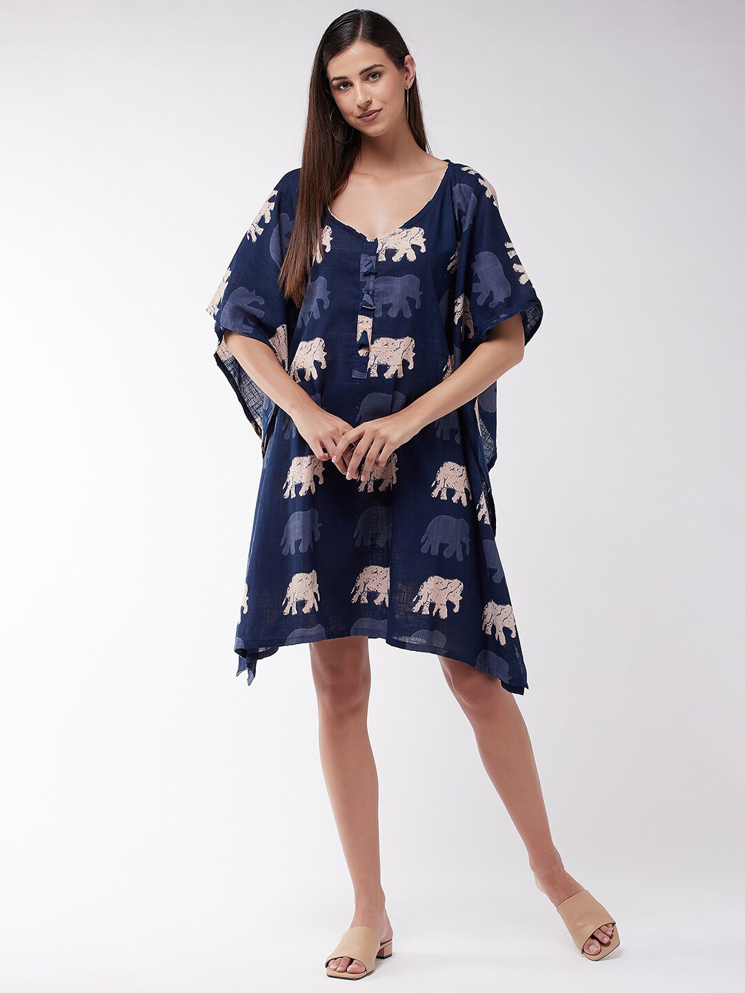 

InWeave Elephant Printed Batwing Sleeves Cotton Kaftan Dress, Blue