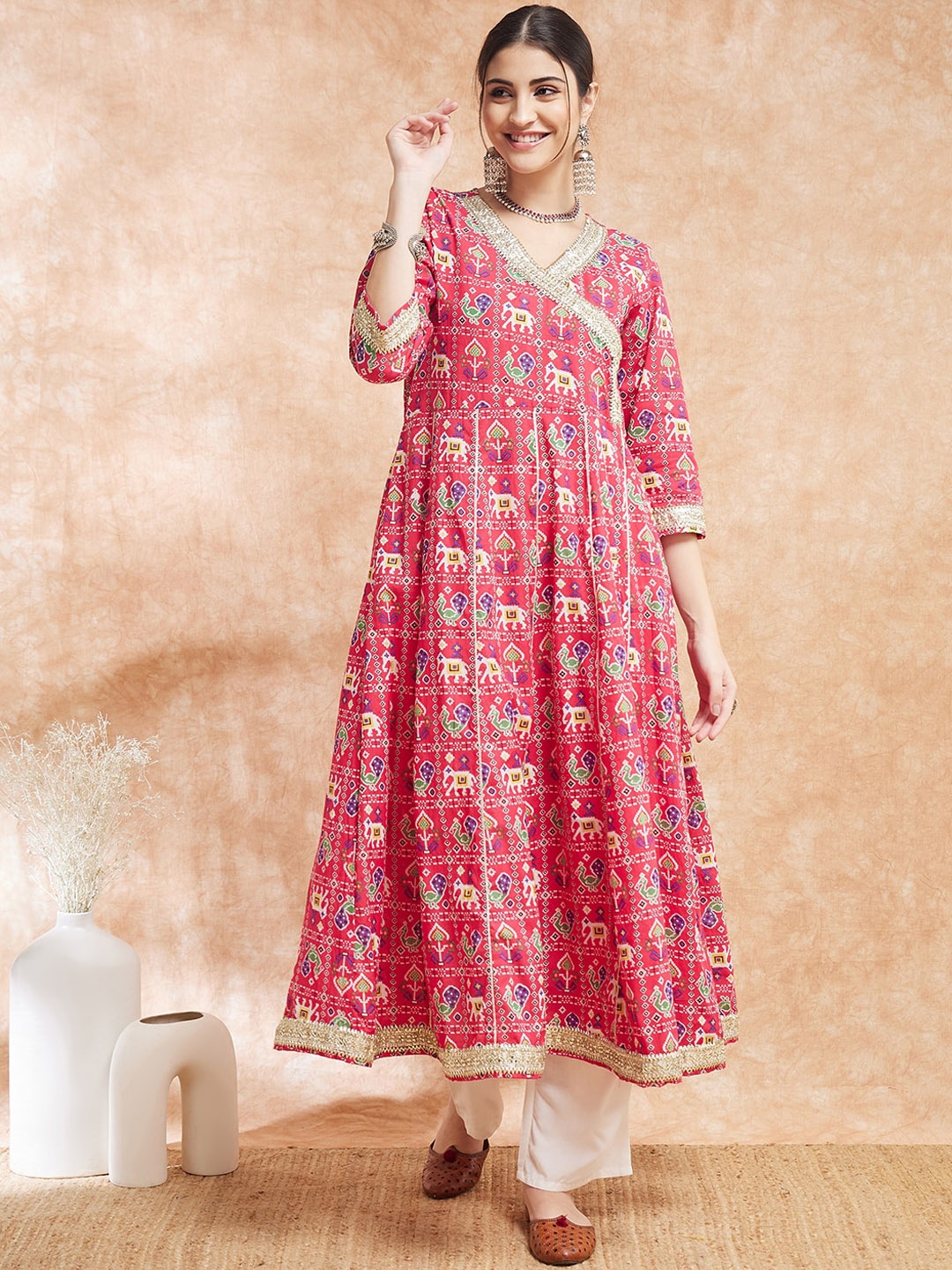 

InWeave Patola Printed V-Neck Gotta Patti Angrakha Cotton A-Line Kurta, Rust