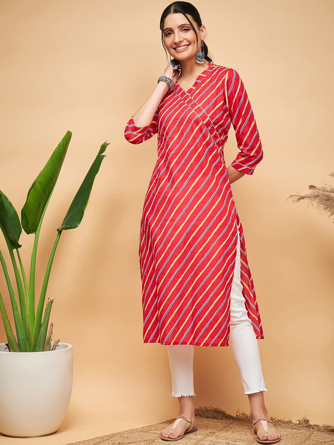 

InWeave Striped Straight Kurta, Fuchsia