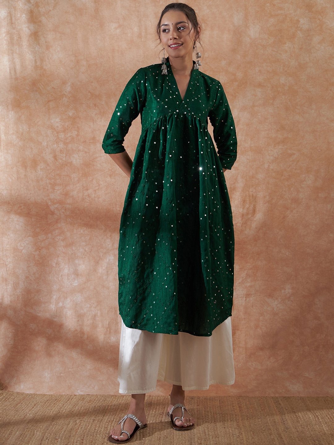 

InWeave Ethnic Motifs Embroidered Mirror Work Empire A-Line Kurta, Green