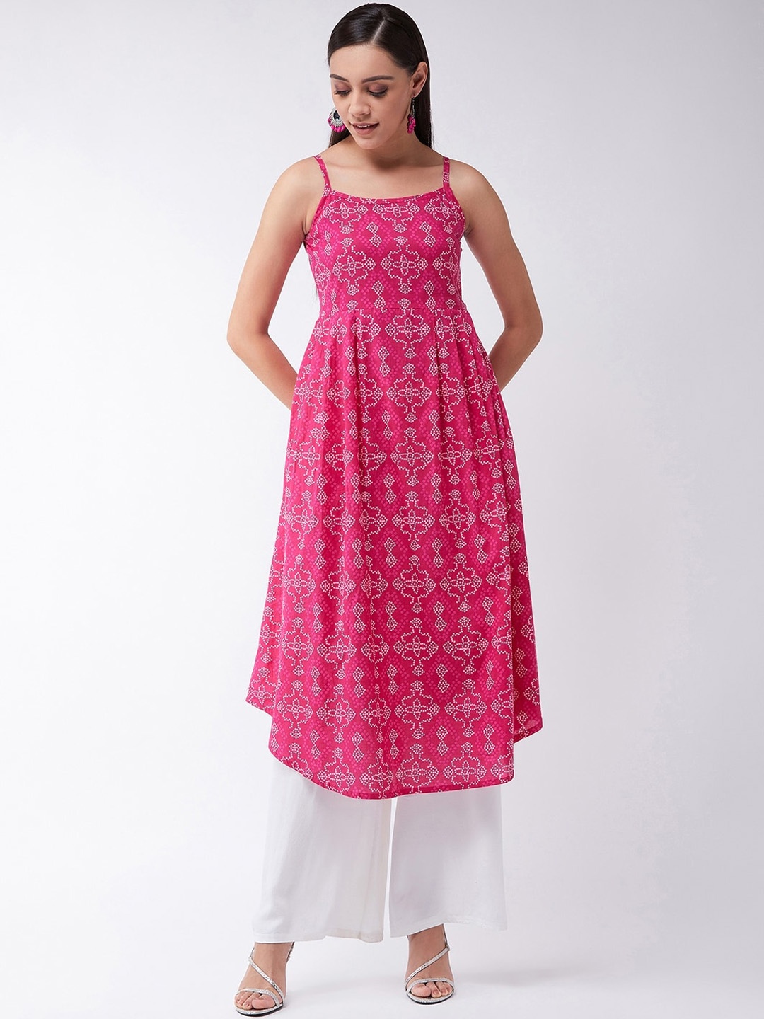 

InWeave Women Bandhani Printed Shoulder Strap Cotton Anarkali Kurta, Pink