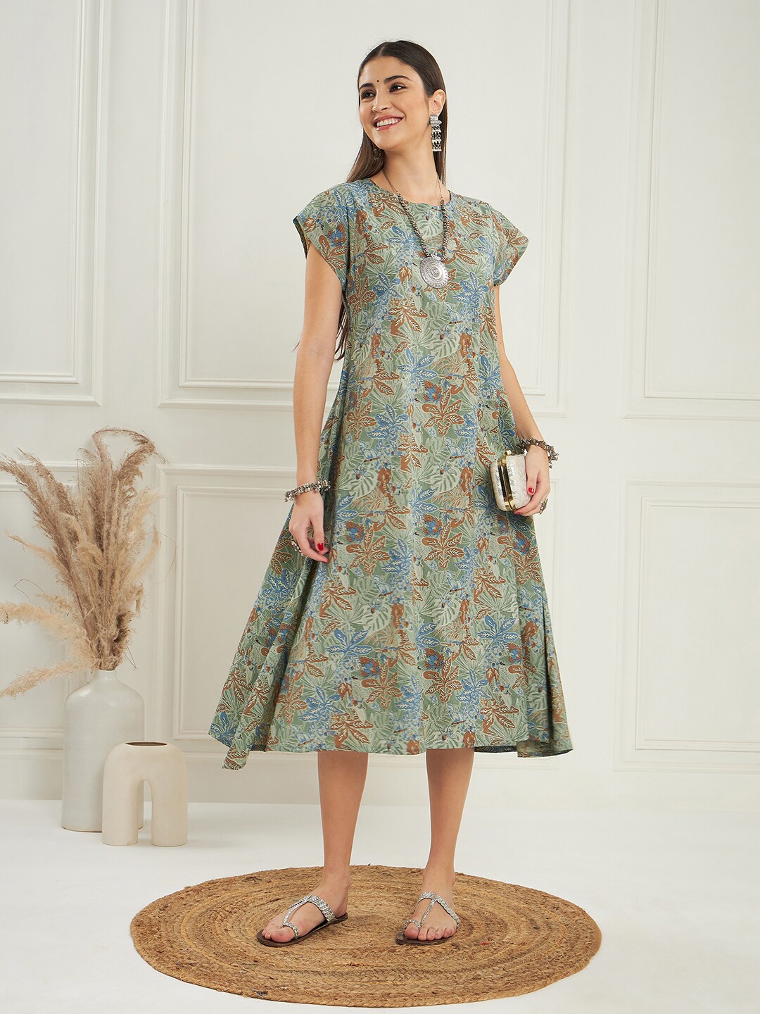 

InWeave Floral Printed A-Line Midi Dress, Green