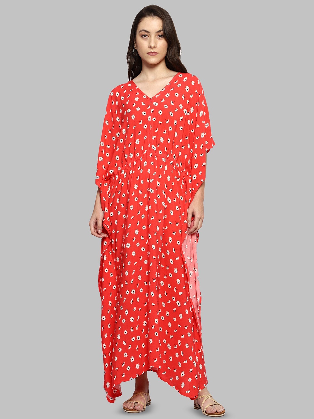 

CRAFTBAZAR Floral Printed Maternity Kaftan Maxi Dress, Red