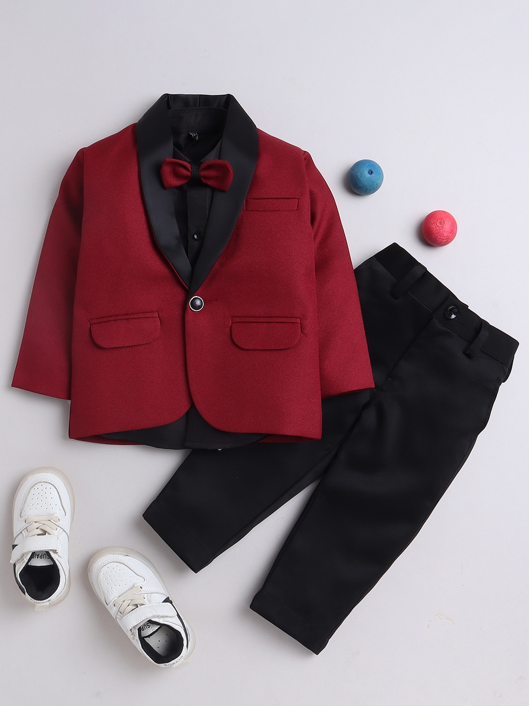 

Lil homies Boys Shawl Collar Single Breasted Pure Cotton 2 Piece Party Suit, Red