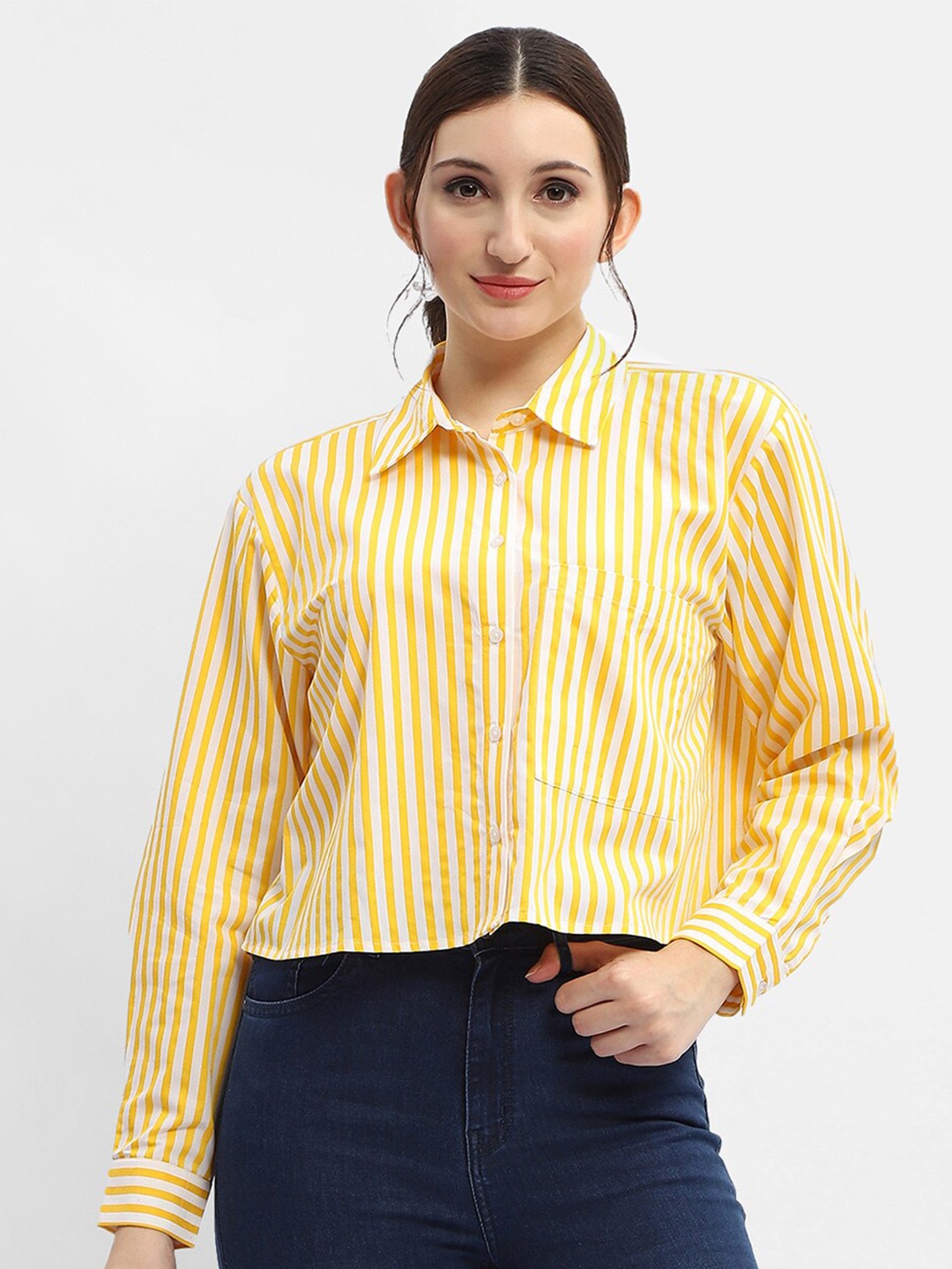 

Madame Vertical Striped Pure Cotton Crop Casual Shirt, Yellow