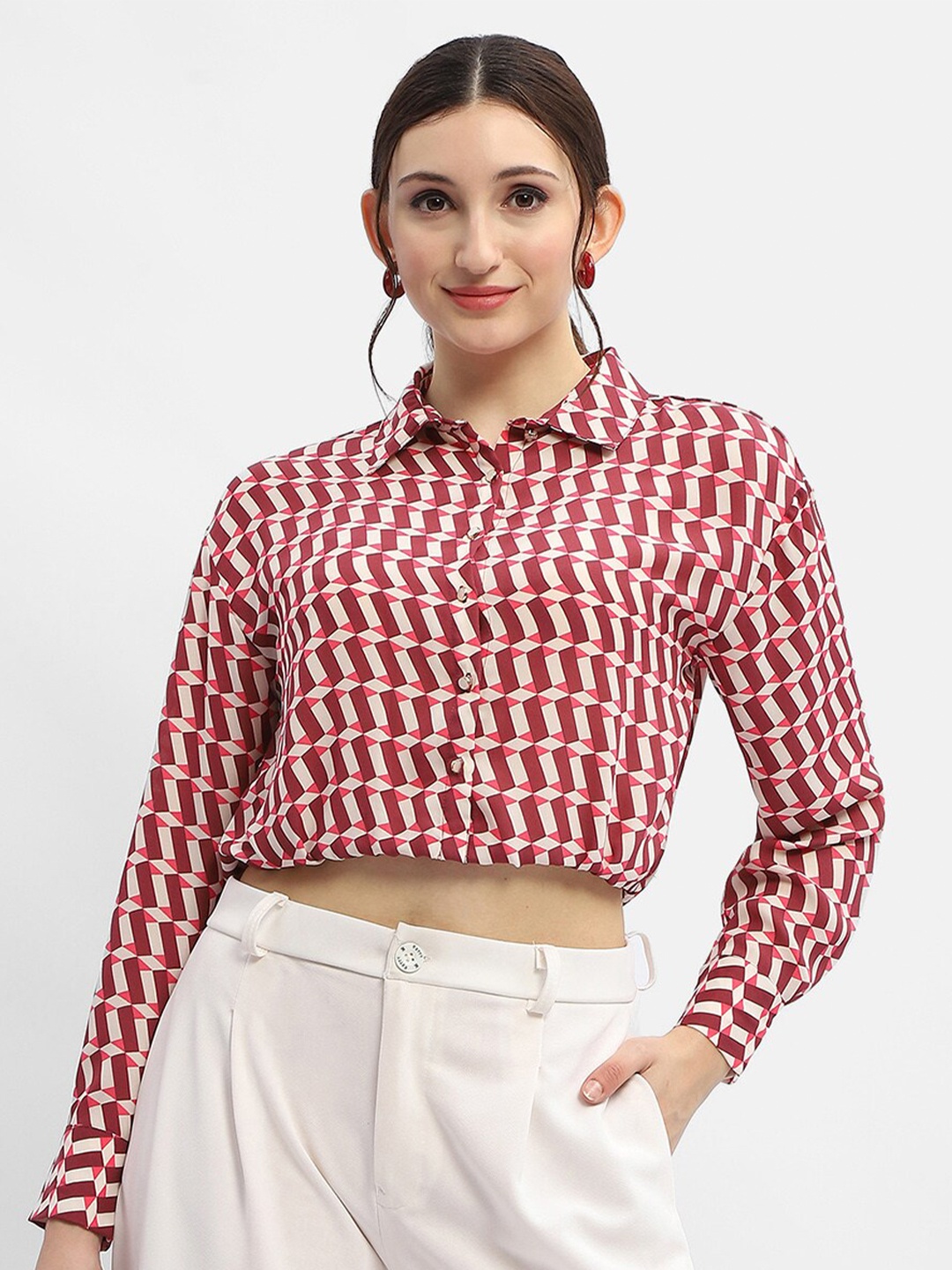 

Madame Abstract Printed Crop Casual Shirt, Maroon