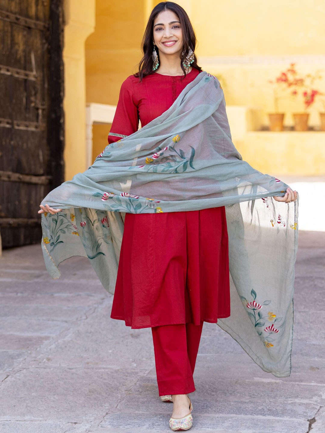 

Ambraee A-Line Kurta with Trousers & Dupatta, Maroon