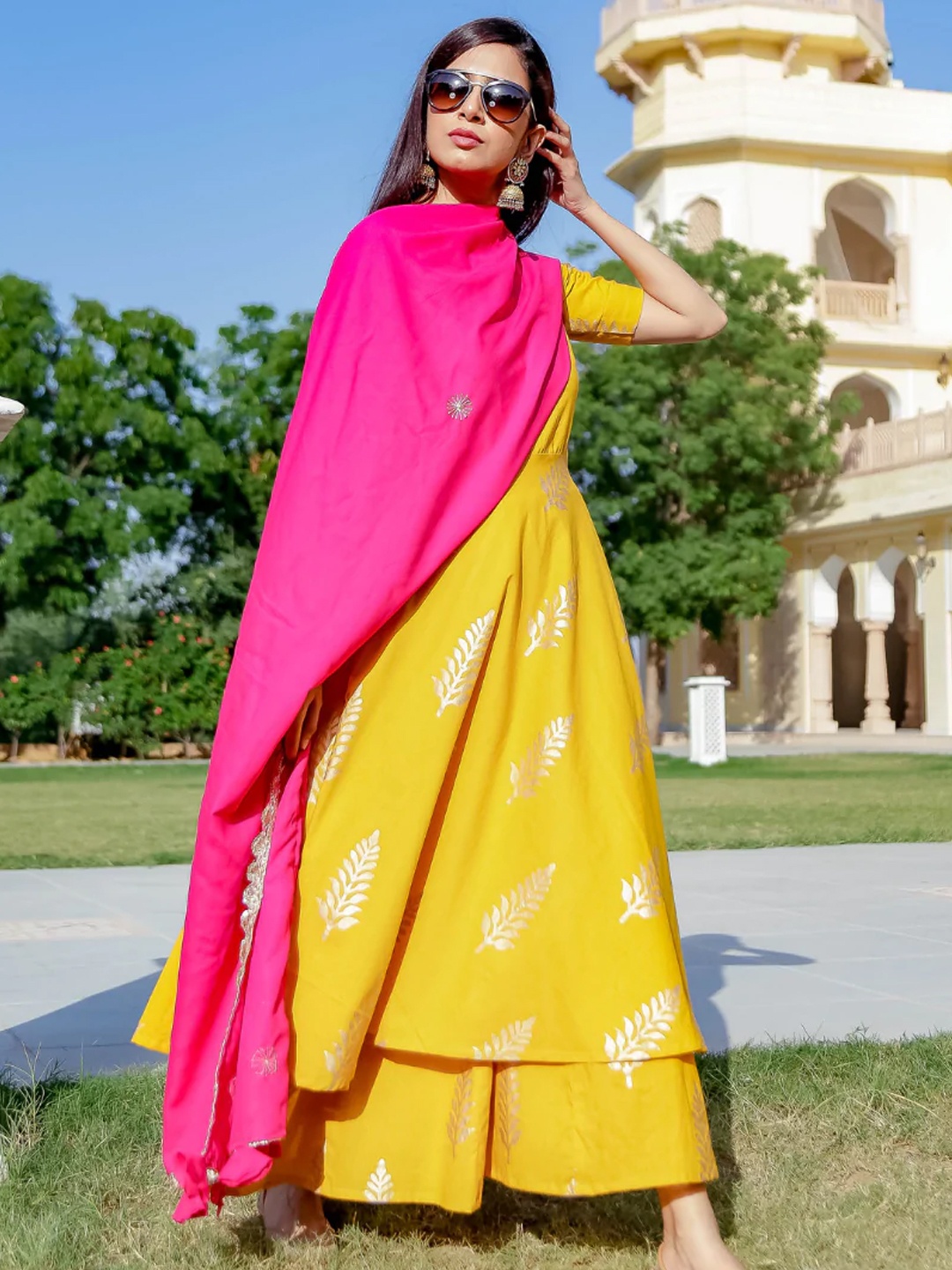 

Ambraee Floral Printed Empire Kurta With Palazzos & Dupatta, Yellow