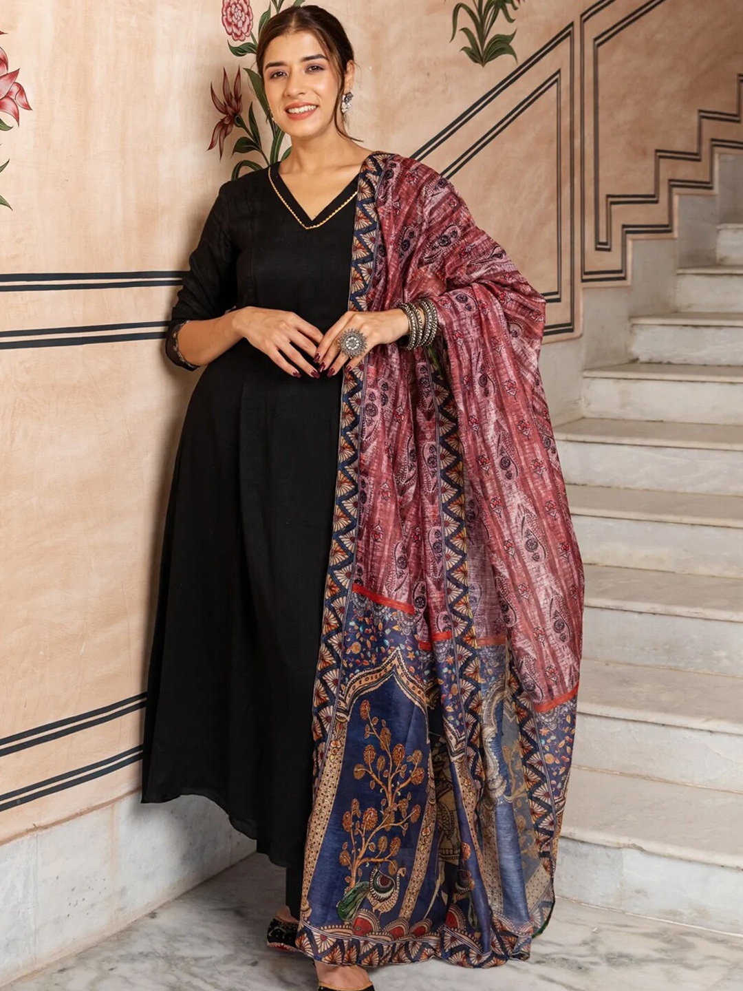 

Ambraee A-Line Kurta with Trousers &Dupatta, Black