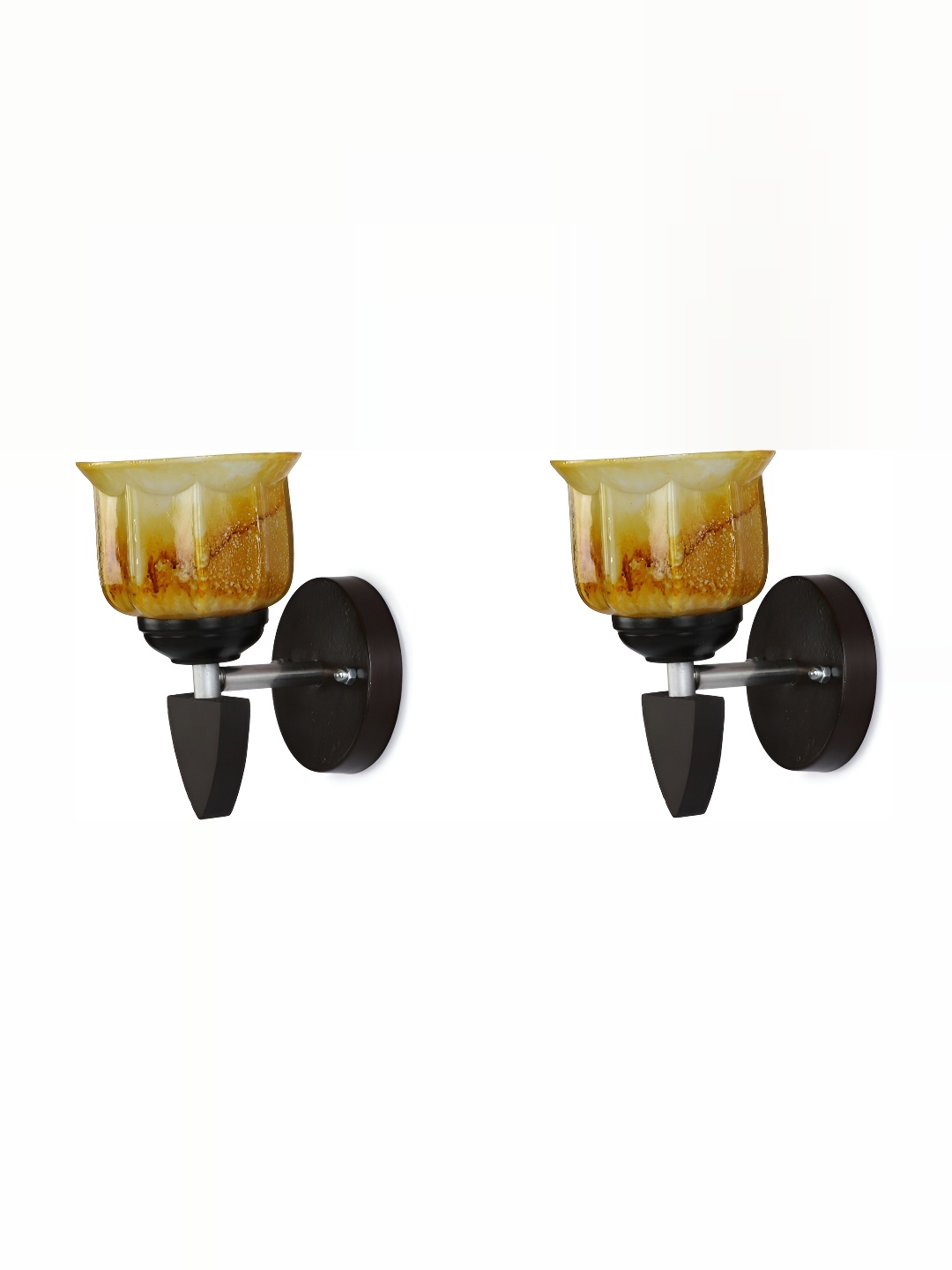 

1ST TIME Yellow & Brown 2 Pieces Printed Glass Traditional Bell Shaped Wall Lamps