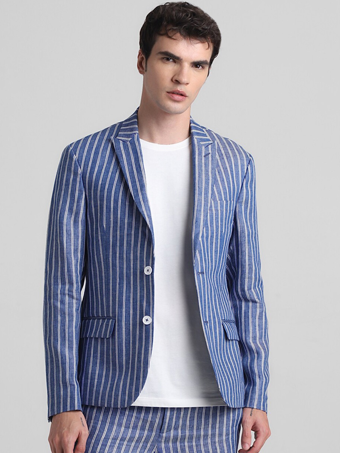 

Jack & Jones Striped Slim Fit Linen Single-Breasted Blazer, Blue