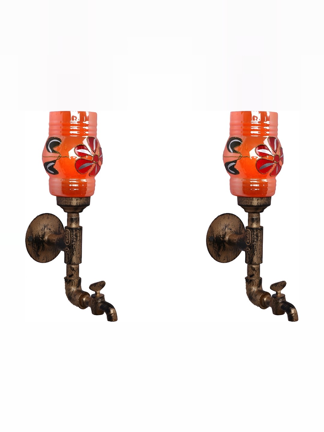 

1ST TIME Orange & Red 2 Pcs Printed Glass Traditional Cylinder Shaped Wall Lamp