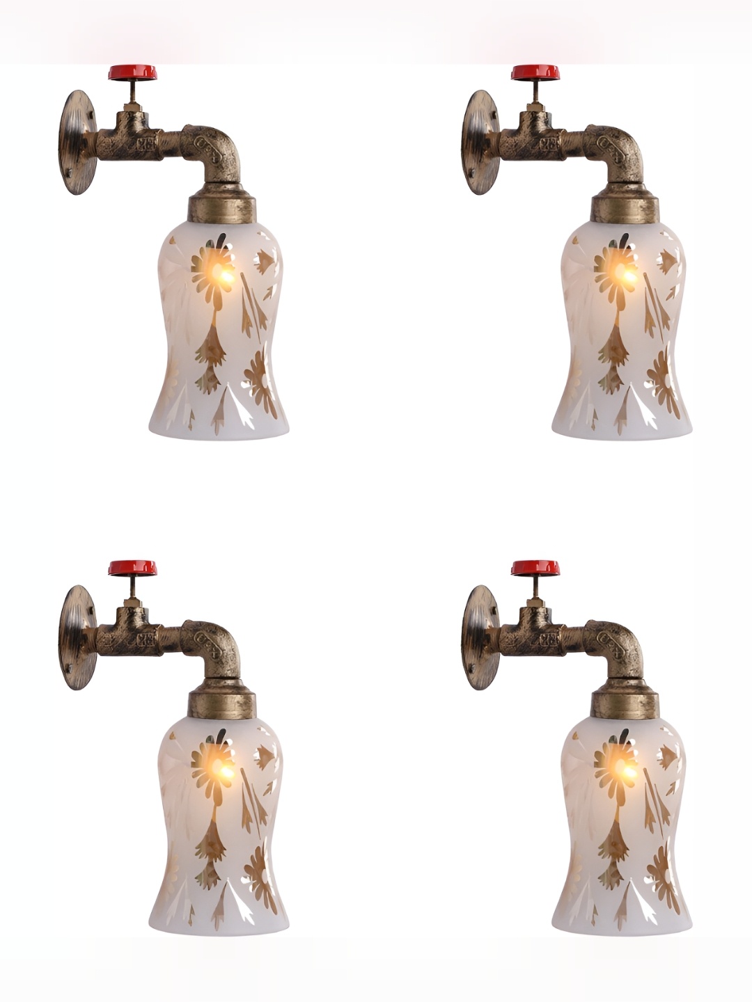 

1ST TIME White & Gold-Toned 4 Pcs Printed Bell Shaped Glass Wall Lamps