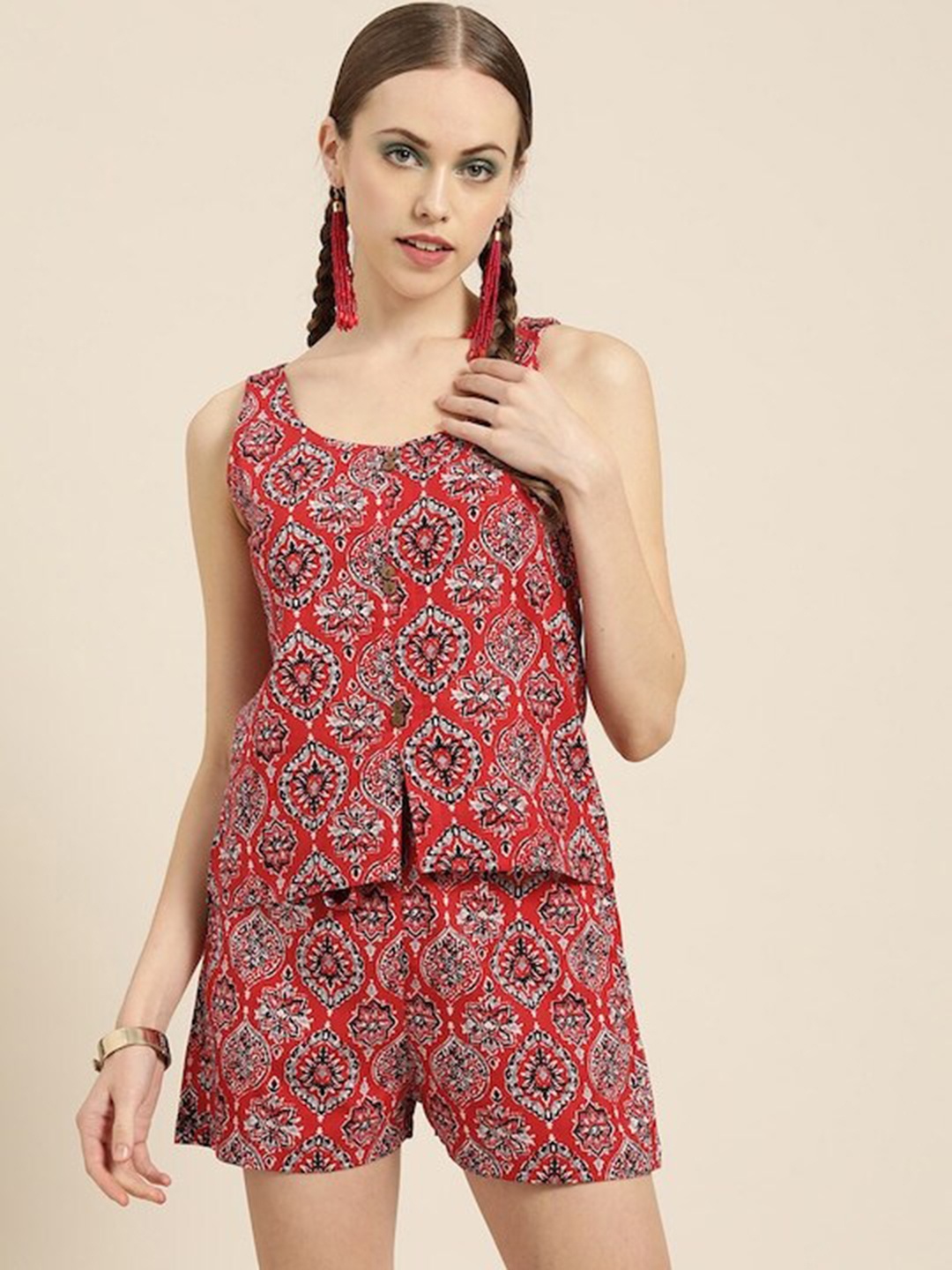 

Sangria Ethnic Motifs Printed Pure Cotton Top With Shorts Co-Ords, Red