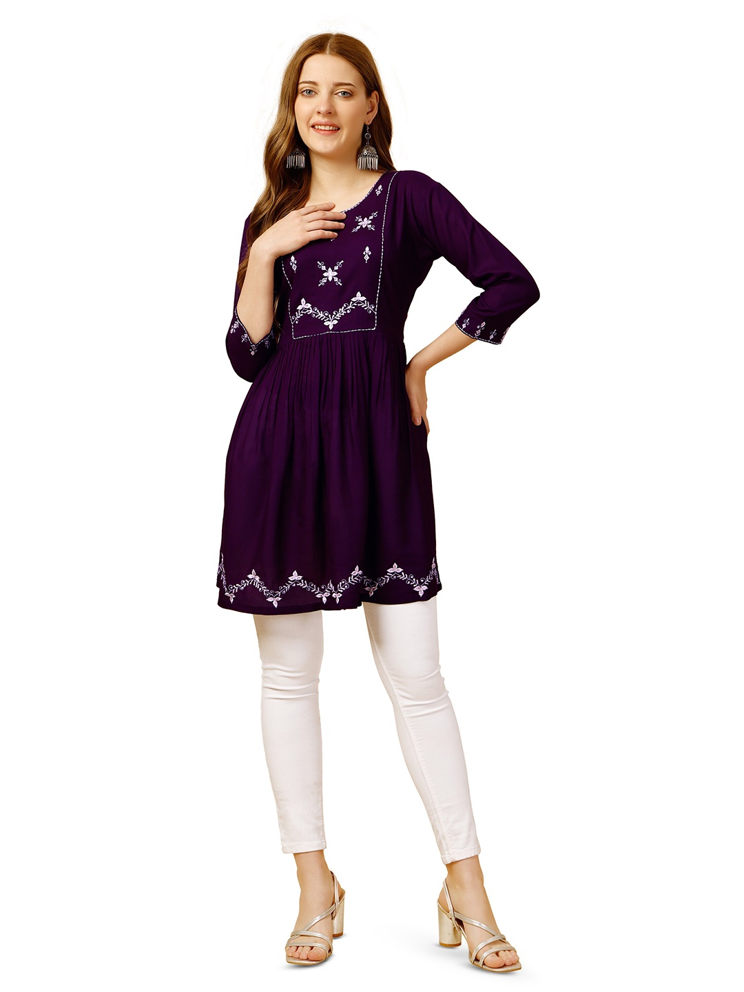 

WILNERCROWN Floral Embroidered A-Line Longline Top, Purple