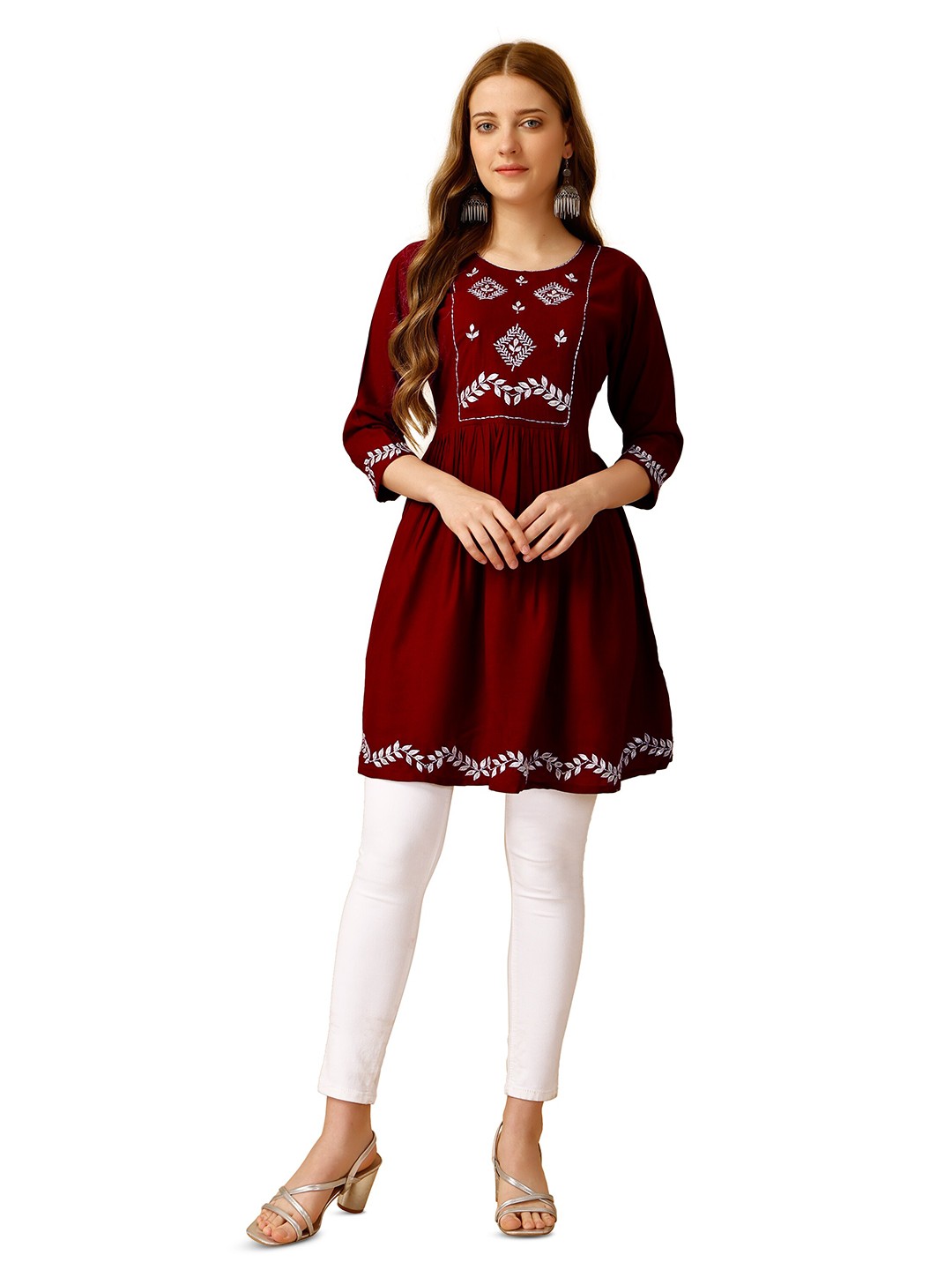 

WILNERCROWN Ethnic Motifs Embroidered Sequinned Pleated A-Line Kurti, Maroon