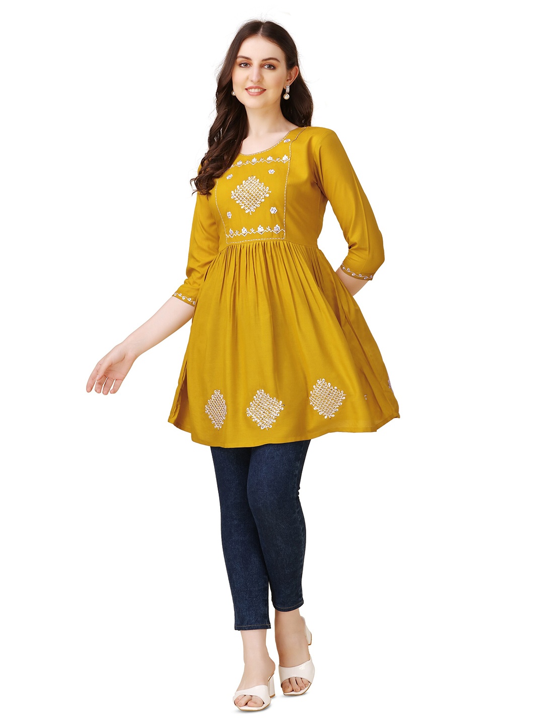 

WILNERCROWN Ethnic Embroidered A-Line Longline Top, Mustard