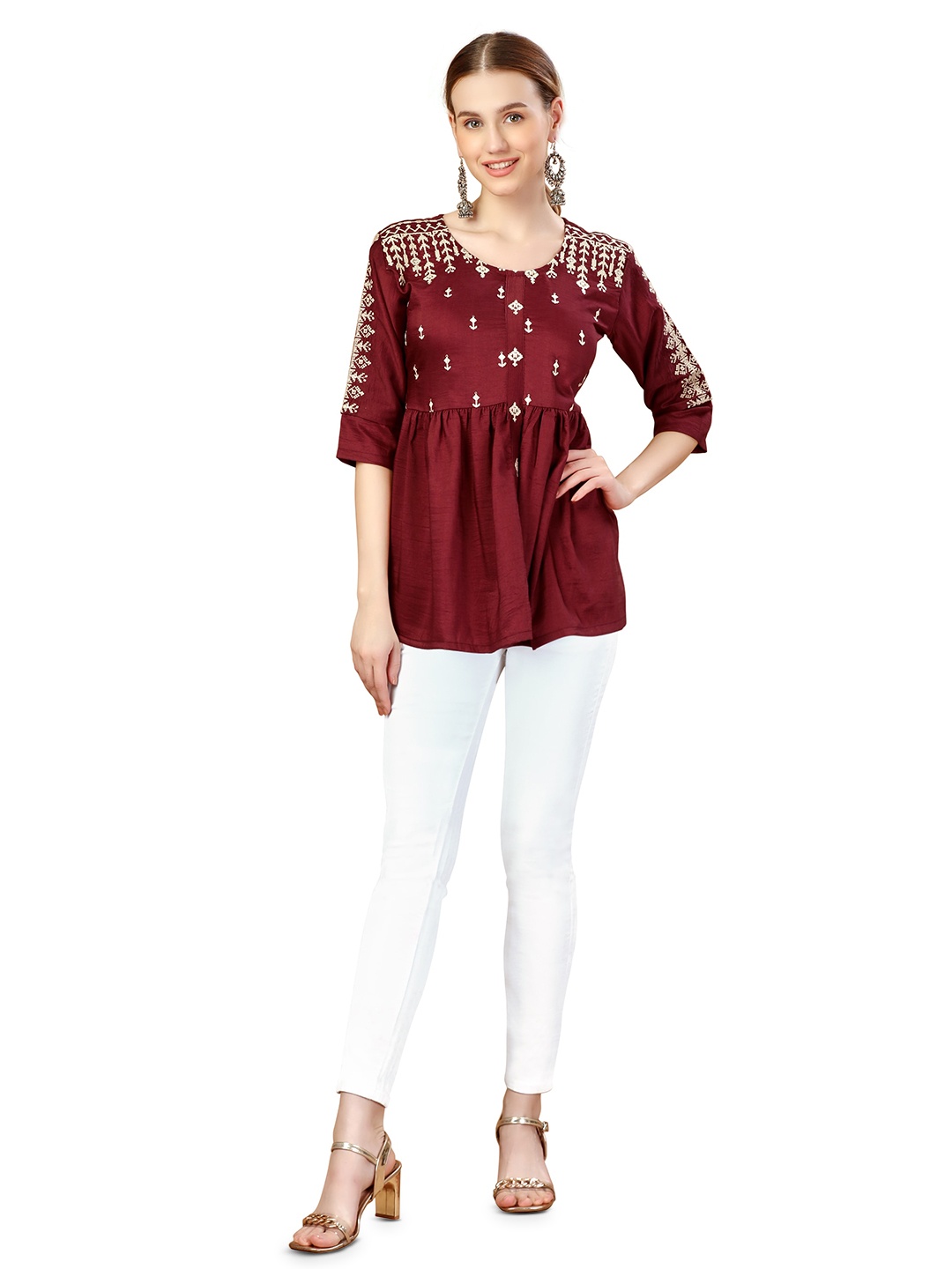 

WILNERCROWN Ethnic Embroidered Pure Silk Empire Top, Maroon
