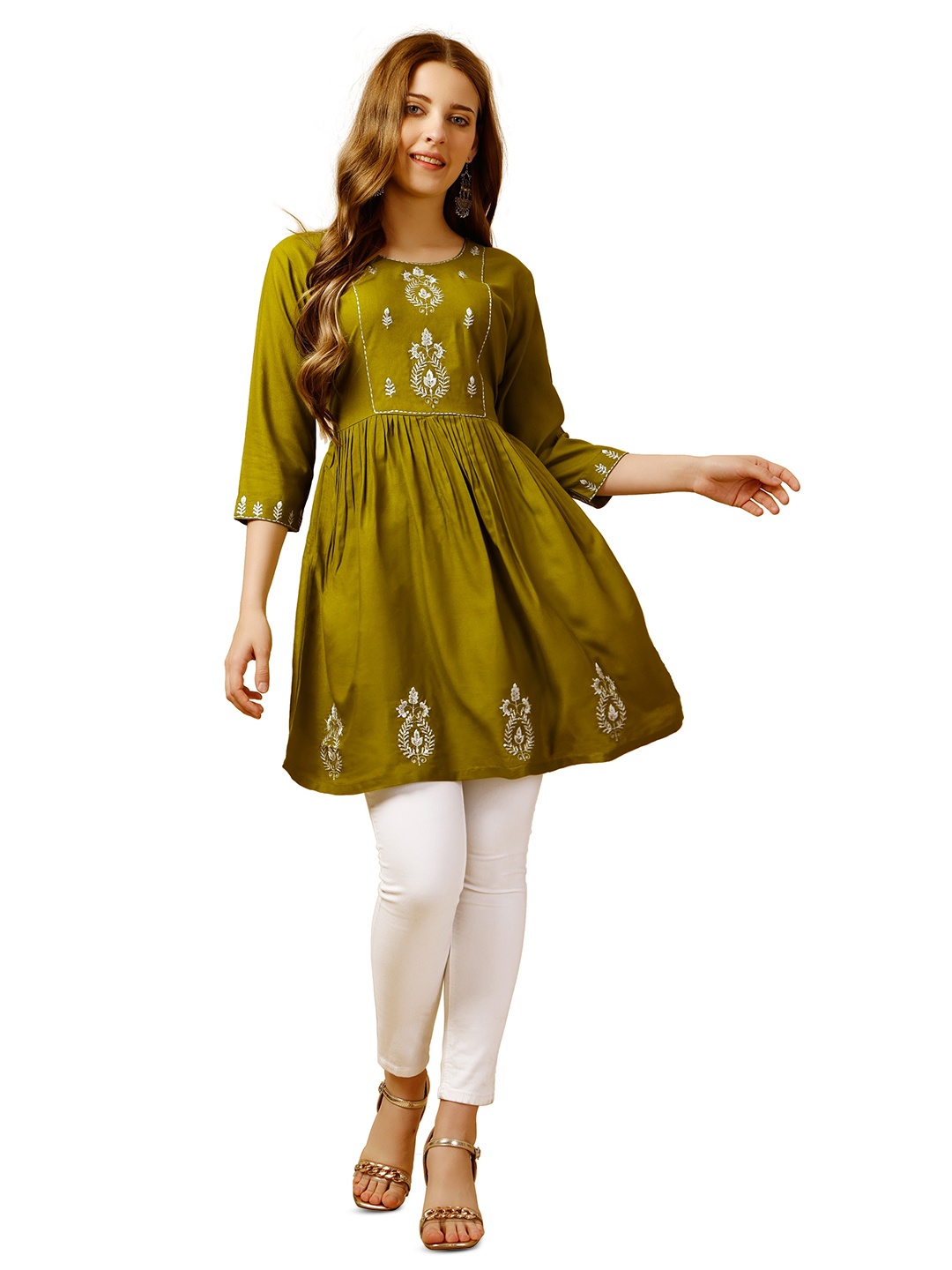 

WILNERCROWN Ethnic Motifs Embroidered Sequinned Pleated A-Line Kurti, Olive