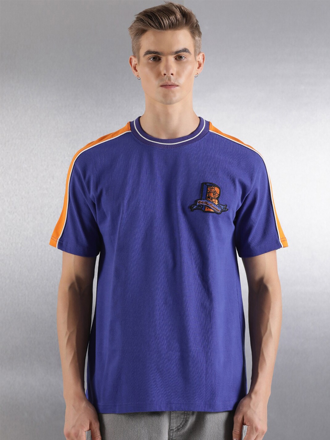 

Breakbounce Round Neck Drop-Shoulder Sleeves Cotton T-shirt, Blue